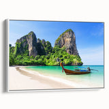 Framed canvas wall art depicting a serene beach landscape with vibrant colors and intricate details, showcasing a white frame and side view perspective. Ideal for coastal-themed decor.