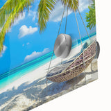 Close-up of a vibrant acrylic glass wall art piece depicting a serene beach landscape, showcasing vivid colors and intricate details, ideal for home decor.