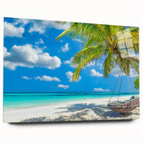 Acrylic glass wall art collection showcasing a serene beach landscape design, featuring vibrant colors and fluid textures, perfect for enhancing modern interiors.