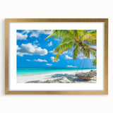 Elegant framed wall art featuring a serene beach landscape design, with a gold frame and white matting, perfect for home decor and coastal themes.