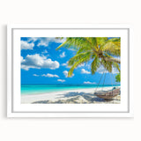 Framed wall art featuring a serene beach landscape design with a white mat, ideal for home decor and enhancing living spaces with coastal vibes. The artwork captures soft hues of blue and beige, creating a calming atmosphere.