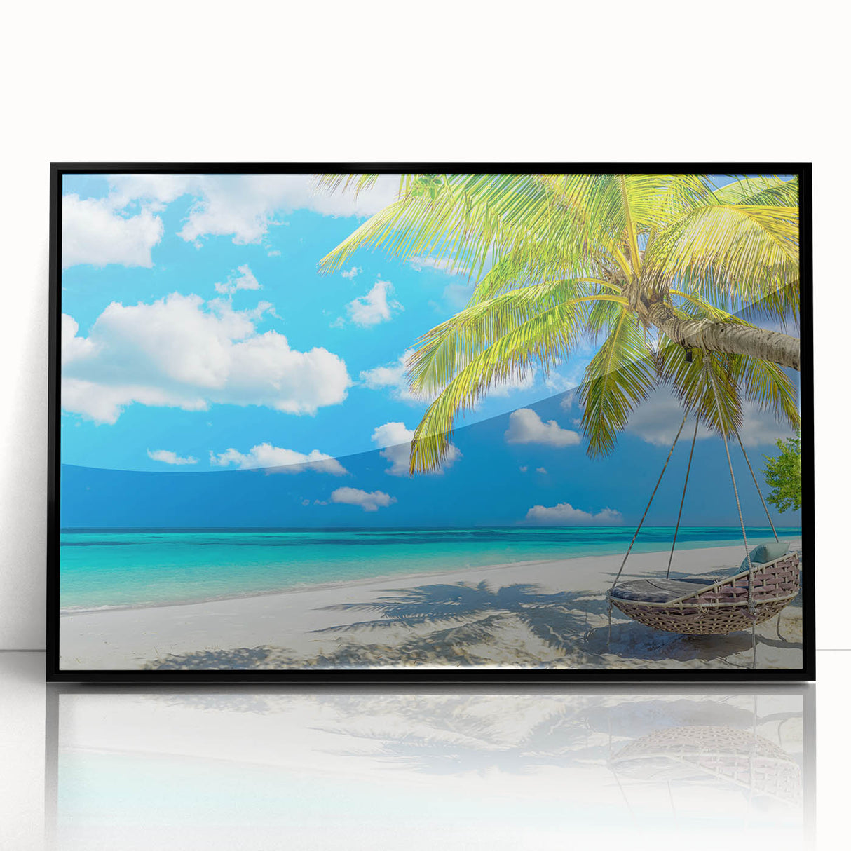 Framed wall art featuring a serene beach landscape design, showcasing vibrant colors and intricate details, set in a sleek black frame for modern decor.