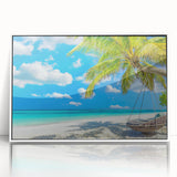 Framed acrylic wall art showcasing a serene beach landscape in vibrant colors, featuring white borders and a modern design, perfect for home decor.