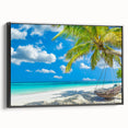 Framed canvas wall art featuring a vibrant beach landscape design, showcasing vivid colors and intricate details, with a sleek black frame enhancing its aesthetic appeal. Ideal for home decor to bring a coastal vibe to any room.