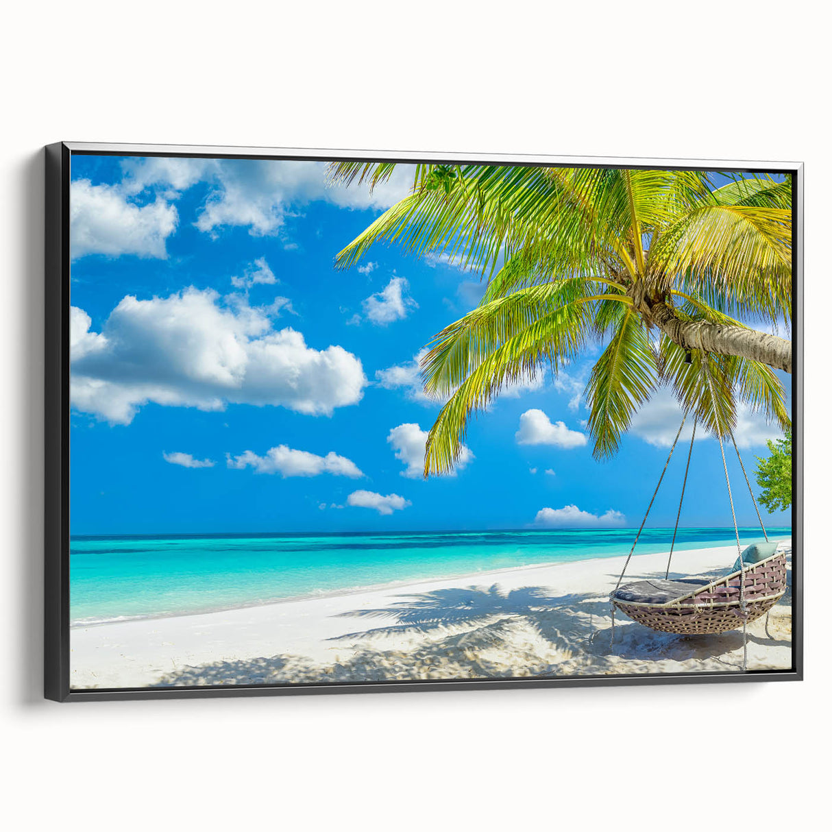 Framed canvas wall art featuring a vibrant beach landscape design, showcasing vivid colors and intricate details, with a sleek black frame enhancing its aesthetic appeal. Ideal for home decor to bring a coastal vibe to any room.