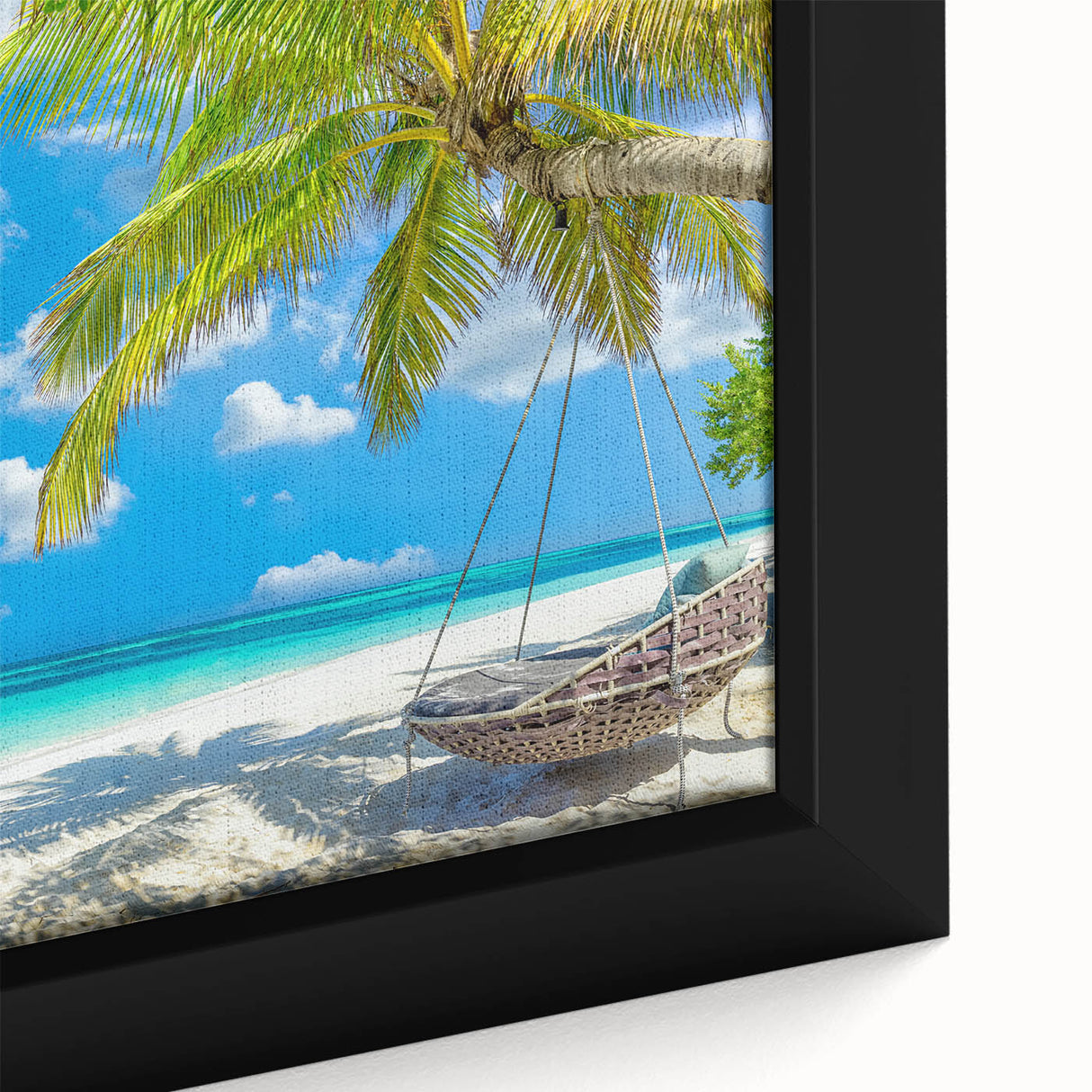 Framed canvas wall art featuring a vibrant beach landscape with soft waves and a serene sunset, showcasing warm colors and fine details in a modern design. Perfect for coastal decor enthusiasts.