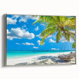 Framed canvas wall art showcasing a serene beach landscape, featuring soft pastel colors and a silver frame, perfect for modern home decor accents.