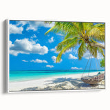 Framed canvas wall art of a serene beach landscape, showcasing vibrant colors and gentle waves, presented in a sleek white frame for a modern aesthetic. Perfect for enhancing home decor with a tranquil coastal vibe.