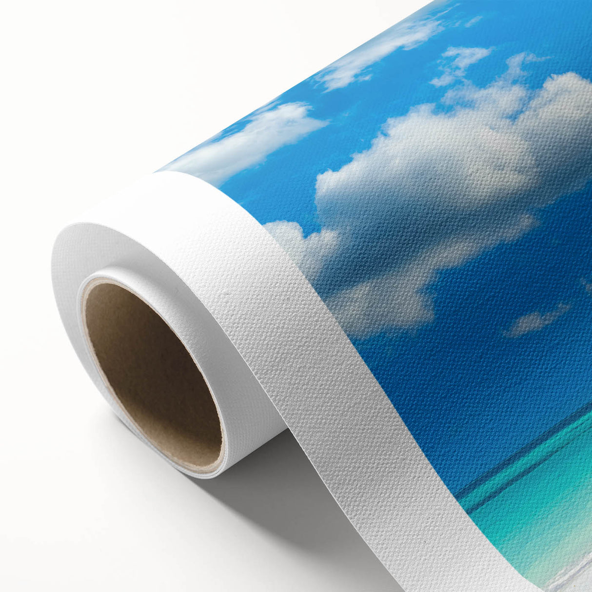 Vibrant rolled canvas print showcasing a serene beach landscape with golden sands and turquoise waves, ideal for enhancing home decor and creating a tranquil ambiance.
