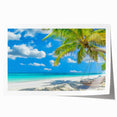 Rolled wall art print showcasing a vibrant beach landscape design, featuring vivid blues and sandy tones, perfect for home decor, packaged securely in a cardboard tube.