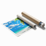 Rolled print of a serene beach landscape featuring soft pastel colors and gentle waves, ideal for home decor, packaged securely in a protective cardboard tube.