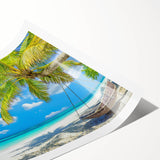 Vibrant beach landscape wall art print showcasing a serene ocean view with soft waves and sandy shores, rolled for easy framing and display. Perfect for coastal decor enthusiasts.