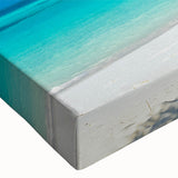 Close-up of a stretched canvas wall art piece featuring a vibrant beach landscape design with warm colors and intricate details, ideal for home decor.