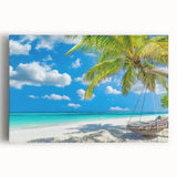 Stretched canvas wall art showcasing a vibrant beach landscape, featuring turquoise waters and golden sands, perfect for coastal home decor and relaxation.