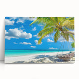 Stretched canvas wall art showcasing a serene beach landscape with vibrant colors, perfect for adding a calming touch to any room's decor.