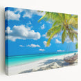 Stretched canvas wall art showcasing a serene beach landscape with vibrant colors and gentle waves, ideal for enhancing home decor with a calming coastal vibe.