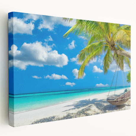 Stretched canvas wall art showcasing a serene beach landscape with vibrant colors and gentle waves, ideal for enhancing home decor with a calming coastal vibe.