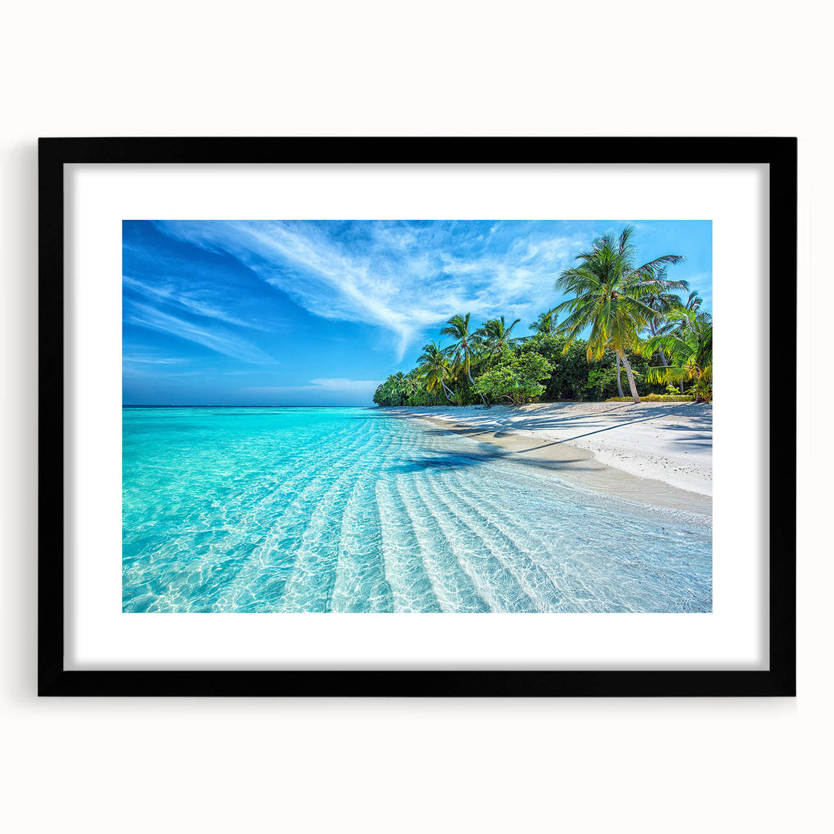 Framed wall art collection showcasing serene beach landscapes, featuring a black frame and mat design, ideal for home decor enthusiasts seeking coastal aesthetics.