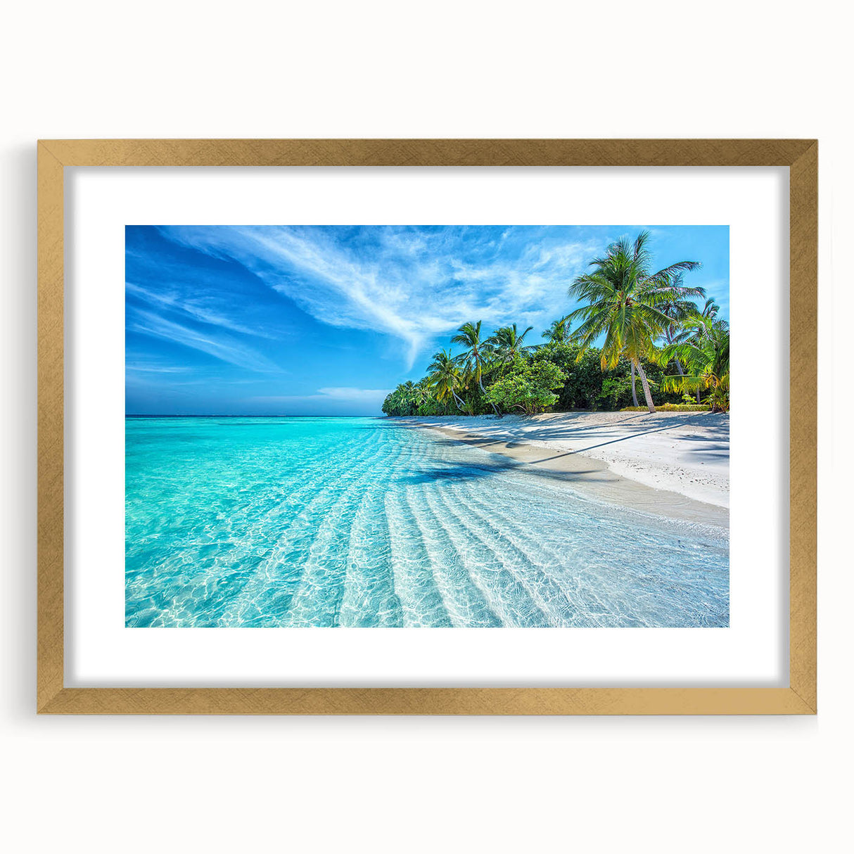 Framed wall art showcasing a serene beach landscape with golden accents, perfect for home decor, emphasizing tranquility and elegance in design.