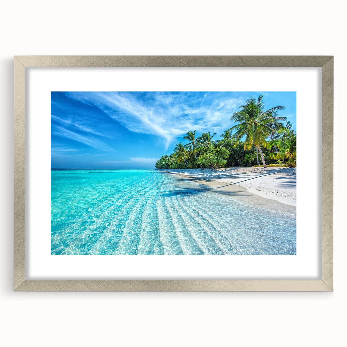 Framed wall art collection showcasing serene beach landscapes with a silver mat, perfect for coastal-themed home decor, enhancing any room's ambiance.