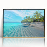 Framed wall art featuring a stunning beach landscape design with vibrant colors and gold accents, perfect for enhancing home décor and creating a serene atmosphere.