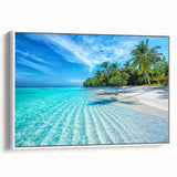 Framed canvas wall art showcasing a serene beach landscape design, featuring soft pastel colors and a white frame, perfect for coastal-themed decor.