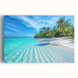 Stretched canvas wall art showcasing a serene beach landscape with vibrant colors and waves, perfect for home decor or coastal-themed interiors.