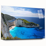 Acrylic wall art showcasing a stunning beach landscape design, displayed in a side view with stylish pins, perfect for home decor enthusiasts. The vibrant colors enhance the serene coastal scene, making it an ideal addition to any artistic collection.