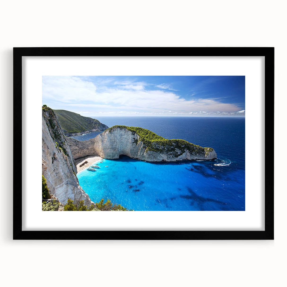 Framed black wall art featuring a serene beach landscape design, complemented by a white mat, ideal for modern home décor. Perfect for coastal-themed interiors.
