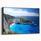 Framed canvas wall art showcasing a serene beach landscape design with vibrant colors, displayed in a sleek black frame, perfect for home decor.