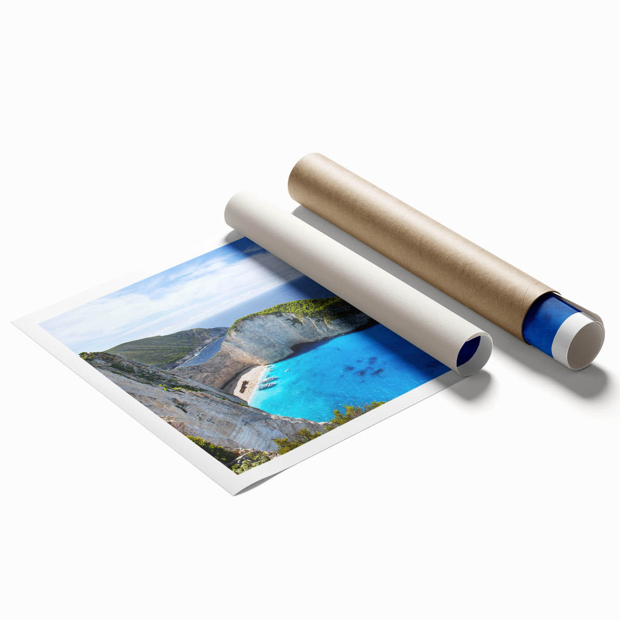 Vibrant rolled wall art print showcasing a serene beach landscape with soft waves and clear blue skies, ideal for home decor or coastal-themed spaces.
