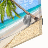 Close-up of a vibrant acrylic wall art piece showcasing a serene beach landscape, featuring soft blue waves and golden sands, perfect for coastal decor enthusiasts.