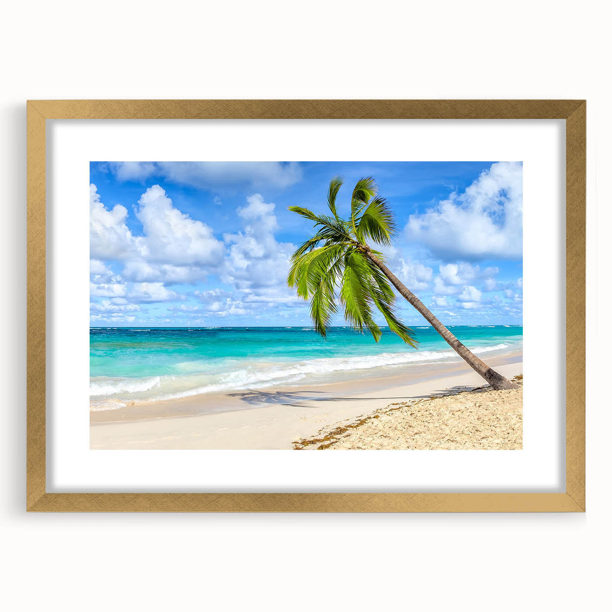 Golden-framed wall art featuring a serene beach landscape design, showcasing vibrant colors and intricate details, perfect for enhancing home decor ambiance.