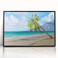 Framed acrylic wall art showcasing a serene beach landscape design, featuring vibrant colors and a sleek black frame, ideal for modern home decor.