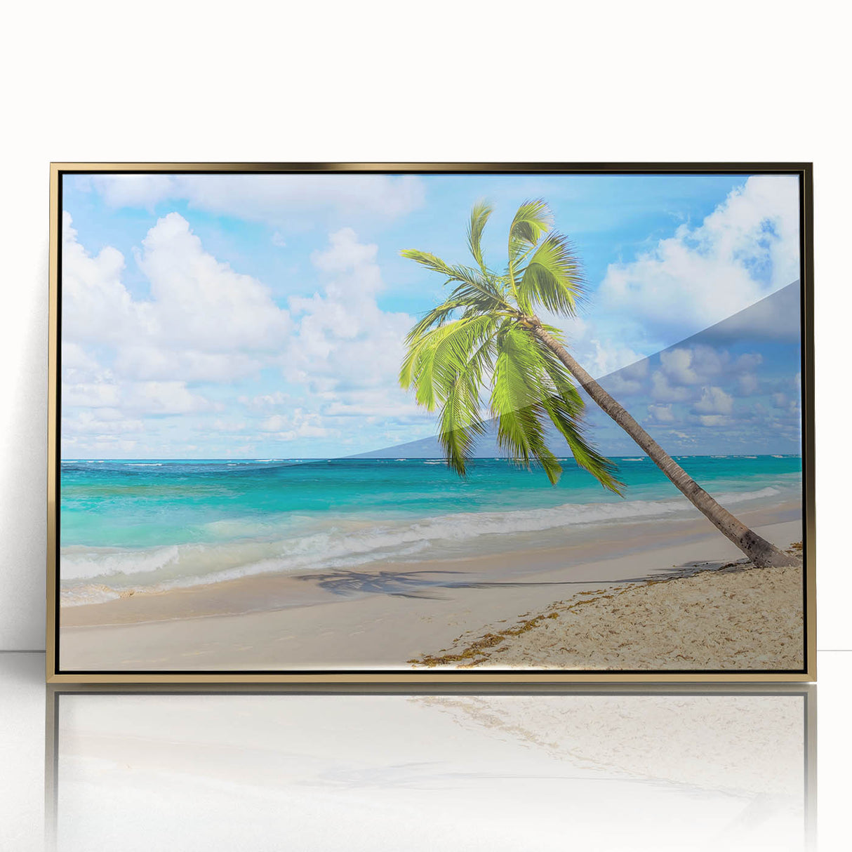 Framed wall art collection showcasing a serene beach landscape design with golden accents, perfect for home decor. Features a sleek acrylic front and modern aesthetic.