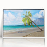 Framed acrylic wall art showcasing a serene beach landscape with gentle waves and soft pastel colors, ideal for enhancing modern home decor.