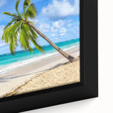 Close-up of a framed canvas wall art piece showcasing a serene beach landscape, featuring vibrant colors and intricate details that evoke tranquility and relaxation. Ideal for home decor, this artwork enhances any coastal-themed interior with its calming aesthetic.