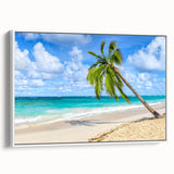 Framed canvas wall art showcasing a serene beach landscape with vibrant colors, displayed from a white side view, perfect for home decor enhancement.