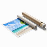 Vibrant rolled print showcasing a serene beach landscape, featuring soft waves and a pastel sunset sky, ideal for home decor and coastal-themed interiors.