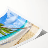 Rolled print of a serene beach landscape wall art featuring soft pastel colors and gentle waves, ideal for enhancing home decor and creating a calming atmosphere.