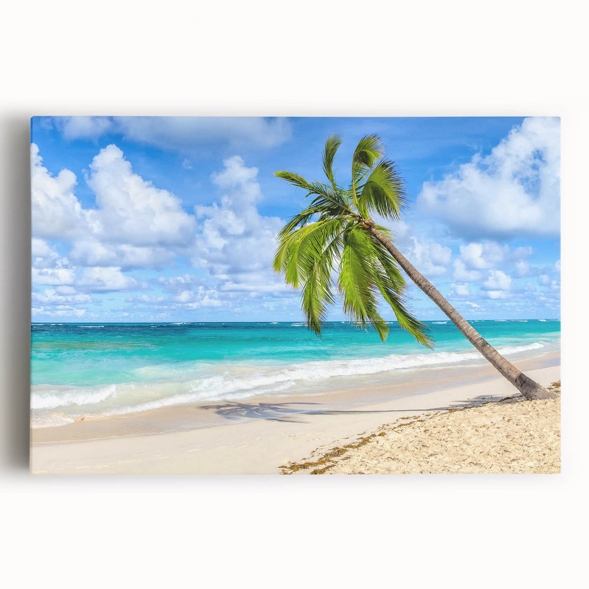 Stretched canvas wall art showcasing a vibrant beach landscape design, featuring azure waters and golden sands, ideal for coastal-themed home decor.