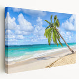 Vibrant stretched canvas wall art showcasing a serene beach landscape, featuring soft pastel colors and gentle waves, perfect for modern home decor.
