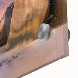 Close-up of a vibrant acrylic wall art piece showcasing a serene beach landscape, featuring soft waves and a clear blue sky, perfect for coastal decor enthusiasts.