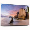 Acrylic wall art collection showcasing a vibrant beach landscape design, displayed from a side view with decorative pins holding it in place, perfect for home decor.
