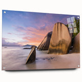 Acrylic wall art collection showcasing a vibrant beach landscape design, displayed from a side view with decorative pins holding it in place, perfect for home decor.