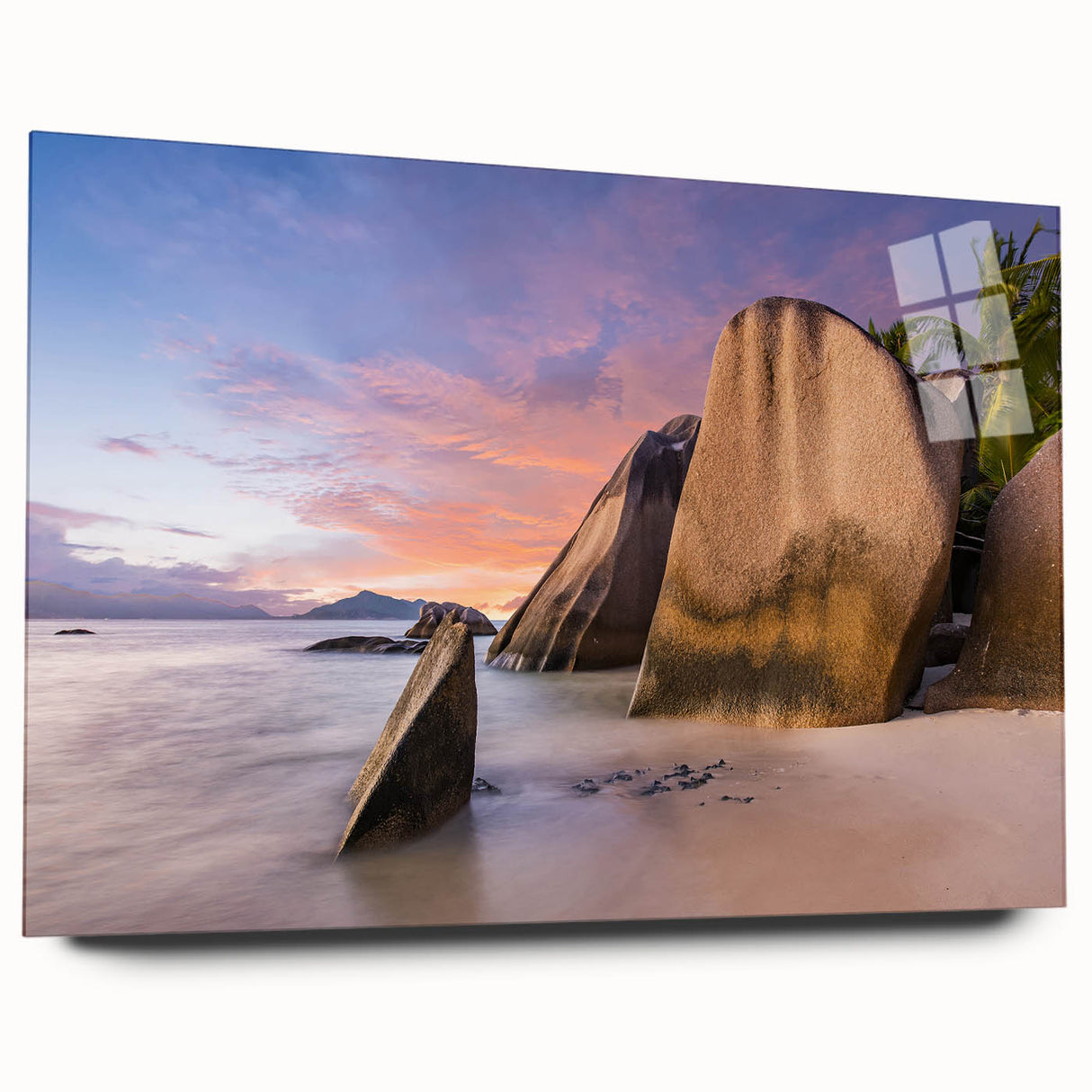 Acrylic glass wall art showcasing a vibrant beach landscape design, displayed from a side view without pins, emphasizing its modern aesthetic and vivid colors. Ideal for coastal-themed decor.