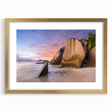 Framed wall art collection showcasing a serene beach landscape design with a gold mat, ideal for home decor, adding elegance to any space.