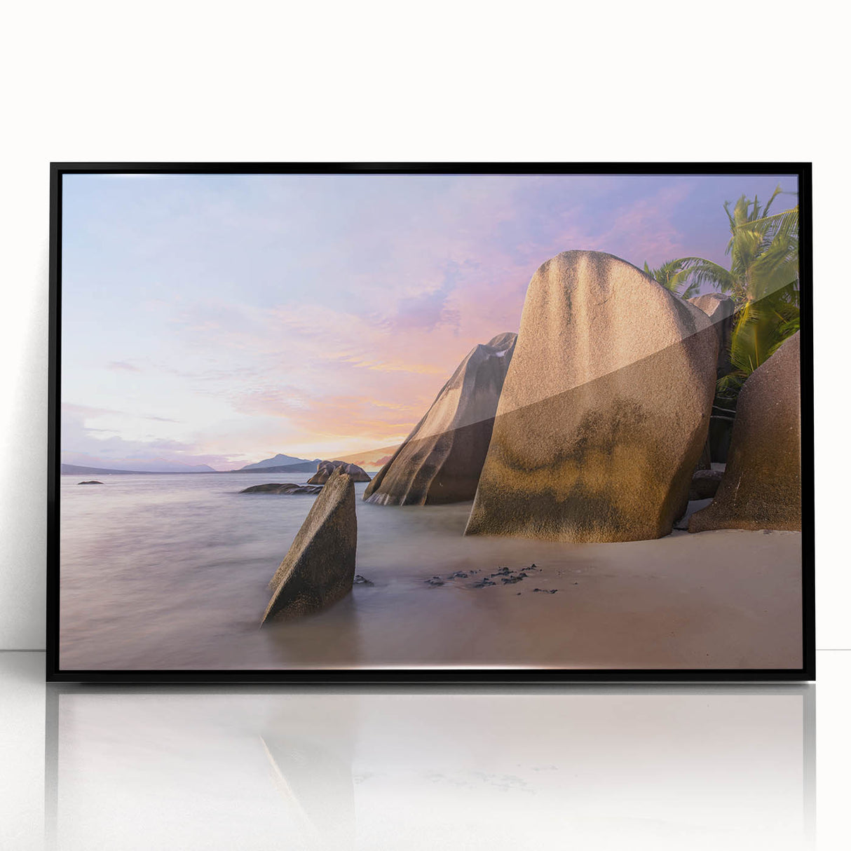 Framed acrylic wall art showcasing a serene beach landscape with vibrant colors, perfect for enhancing modern home decor. The black frame adds elegance to any interior.