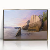 Framed acrylic wall art showcasing a scenic beach landscape with golden accents, perfect for adding a touch of elegance to home decor.