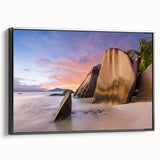 Framed canvas wall art depicting a serene beach landscape with vibrant colors and detailed textures, presented from a side view, perfect for home decor.